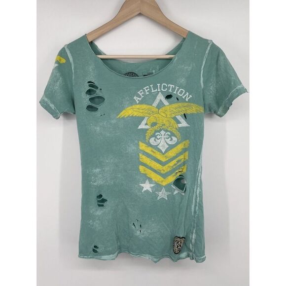Affliction Tops - Affliction Womens Size Large Distressed Teal Blue Top Eagle Biker Tatoo